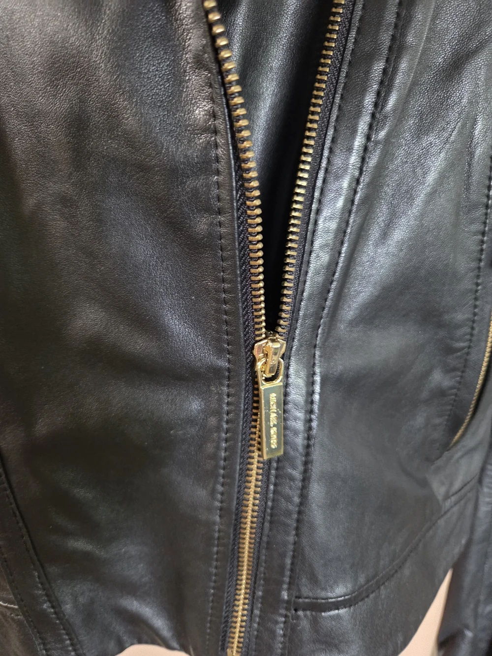 Michael Kors Womens Black Leather Moto Jacket with Gold Hardware Size 16